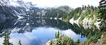 Panorama of Snow Lake.  At this point I really wished I'd brought my good camera with a wider lens.  It could have handled the bright clouds better as well.  Oh well, I guess I won't leave it behind next time.