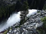 Then on the way down from Snow Lakes to Nada Lake we saw this.  Mystery solved.  About 200 feet below upper Snow Lake and a half mile away, the water was shooting straight out of the hillside.