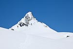 The summit pyramid from the Sulphide Glacier on our way down.  Our route was up the snow chute to the right of the large band of rocks in the center.